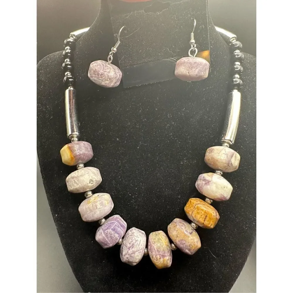 Amethyst multi raw stone with silver tone and black beads and matching earrings